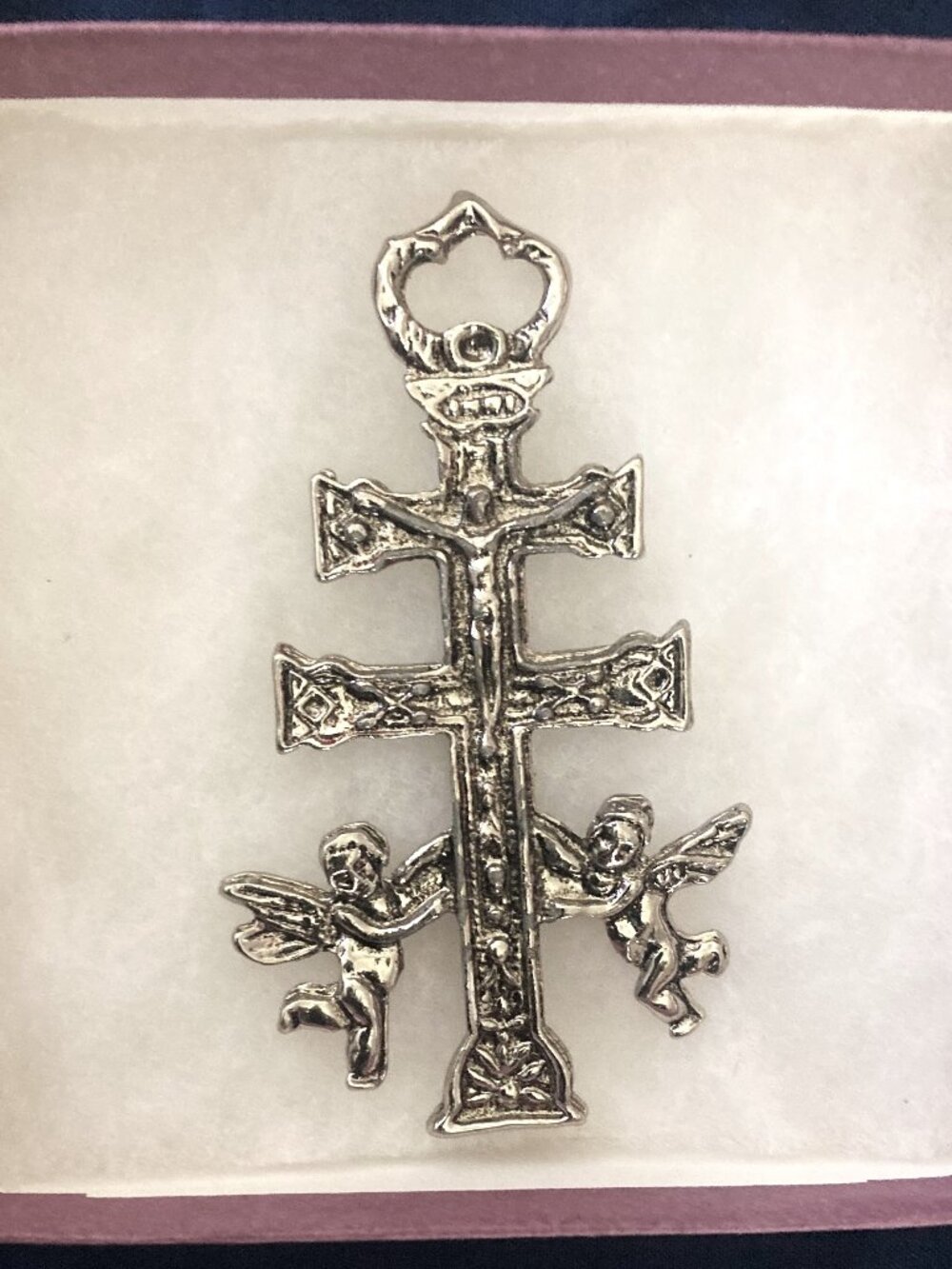 Silver Caravaca Double Cross with Angels Crucifix "Cruz de Caravaca" Pendant 3in